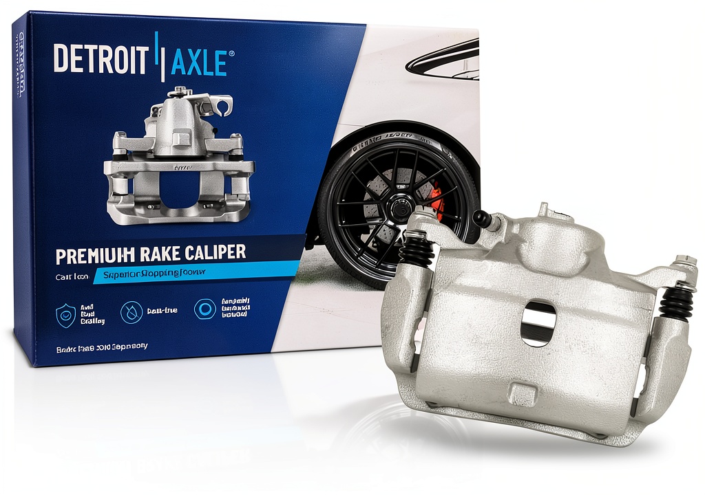 Detroit Axle brake caliper bracket installed on a vehicle front suspension