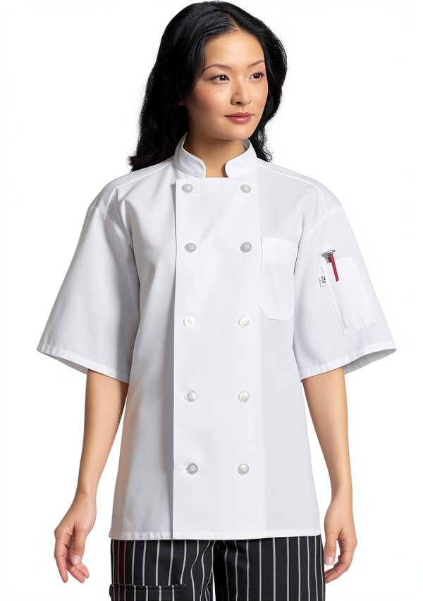 Uncommon Threads Women's Chef Coat Short Sleeve White Black Sizes-3